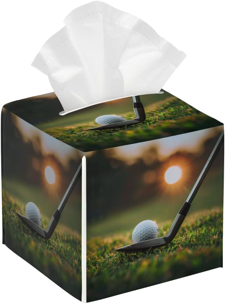 Sports Golf Theme Tissue Box Cover Square, PU Leather Facial Tissue Cube Box Holder, Modern Tissue Case Dispenser for Bedroom Tabletop Vanity Countertop