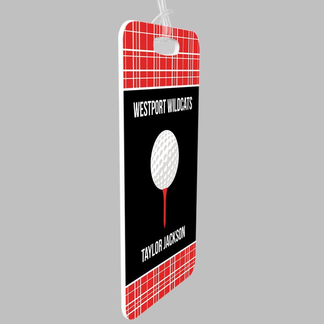 ChalkTalkSPORTS Golf Luggage & Bag Tag | Personalized Team with Golf Ball | Standard Lines on Back | Large | RED/Black