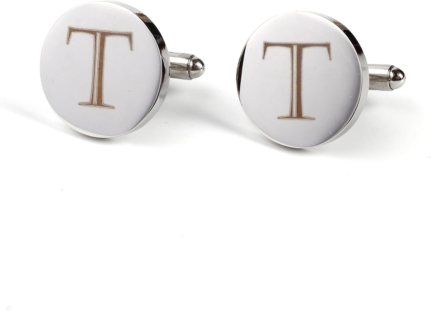 Mens Initial Silver Cufflinks A-Z Alphabet Letter Steel Cuff Links with Engraved Walnut Wood Box Groom Groomsman Wedding Set…