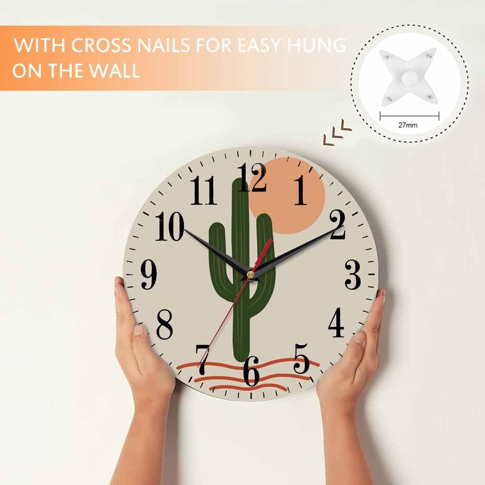 Mxocom Cactus Wall Clock Abstract Green Cacti Desert Wild Tropical Plant 10 Inch Silent Non Ticking Battery Operated Clock Vintage Round Clock for Living Room Bedroom Bathroom Office Decor