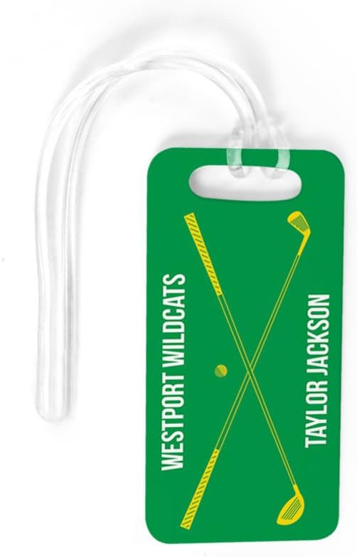ChalkTalkSPORTS Golf Luggage & Bag Tag | Personalized Crossed Golf Clubs | Standard Lines on Back | Small | Green/Yellow