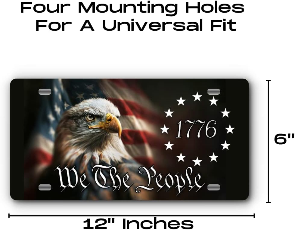 Patriotic Vanity Aluminum License Plate for Front of Trucks and Cars - Made in The USA - Universal Fit (1776 Eagle)