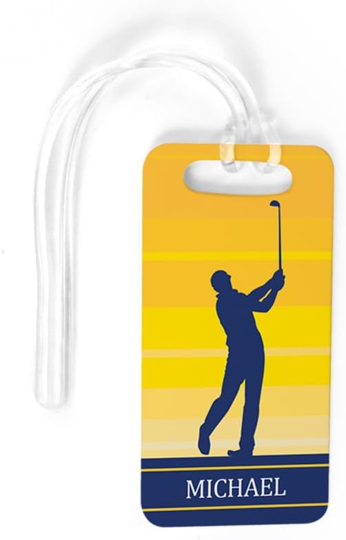 ChalkTalkSPORTS Golf Luggage & Bag Tag | Personalized Male Golfer | Standard Lines on Back | Small | Yellow