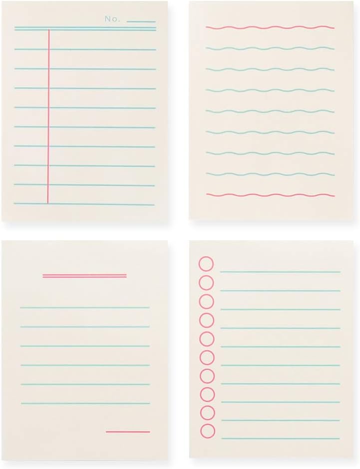 Monolike Memopad Boldline design SET - 4 Packs, 4 Different Designs, 100 Sheets Per Pad, Total 400 Sheets, Note pads, Writing pads, 3.15 x 4.17 Inches