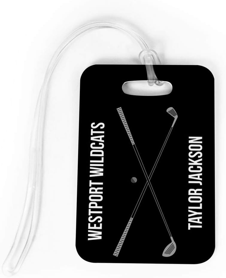 ChalkTalkSPORTS Golf Luggage & Bag Tag | Personalized Crossed Golf Clubs | Standard Lines on Back | Large | Black/Gray