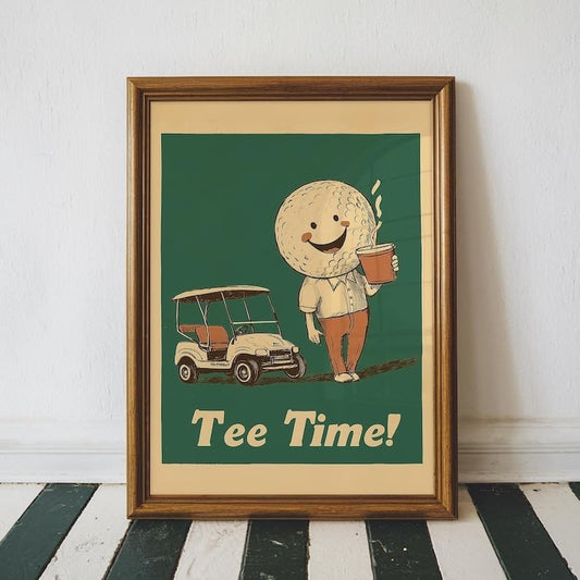 Vintage Tee Time Golf Wall Art, Retro Sports Poster Print for Bar, Office or Game Room Decor, Whimsical Golfer Artwork with Coffee and Golf Cart (Unframed) (12x18)