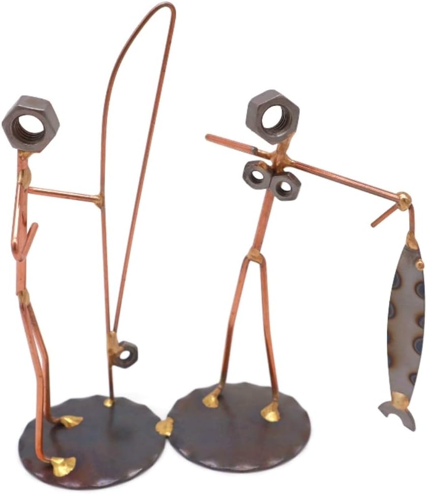 Fisherman with Wife Collectible Handmade Metal Art Figurine, Desk Accessories, Trophy, Boss Gift, Office Décor, Outdoor Sports, Fishing