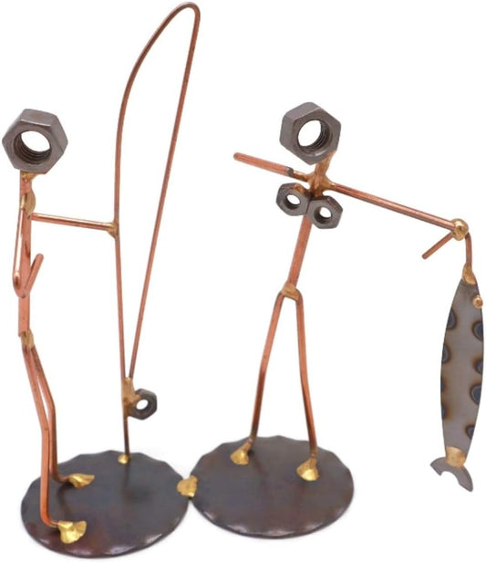 Fisherman with Wife Collectible Handmade Metal Art Figurine, Desk Accessories, Trophy, Boss Gift, Office Décor, Outdoor Sports, Fishing