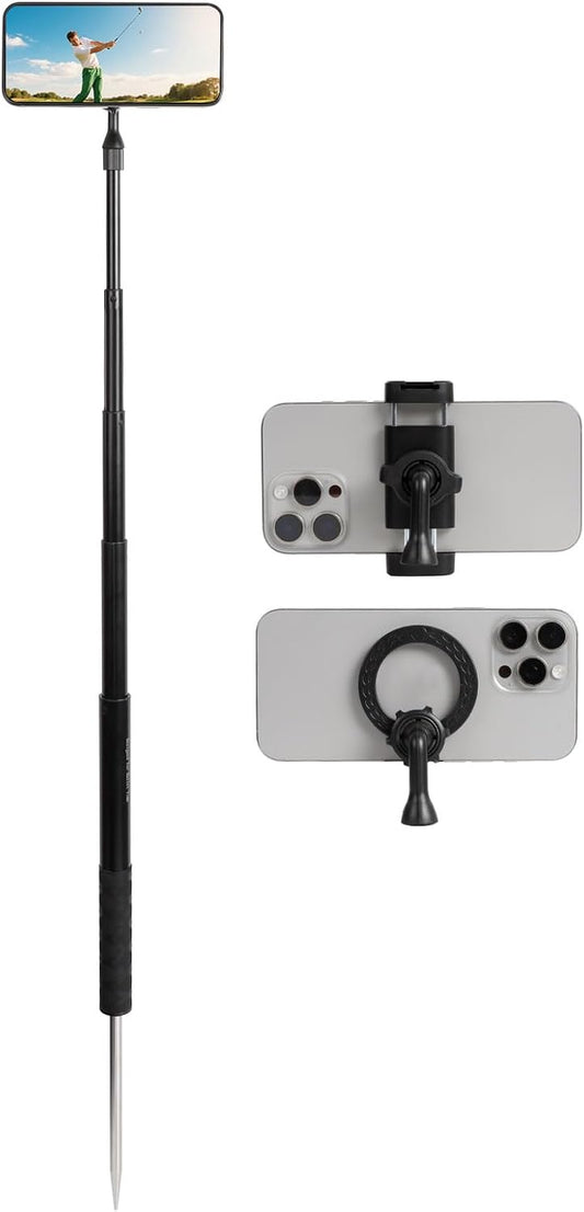 Ground Golf Monopod Phone Stand Holder with Spike Stake, 46" Extendable Selfie Stick & Universal 1/4" Screw - Record Stable Hands-Free Golf Swing Videos for magsafe and All Smartphones