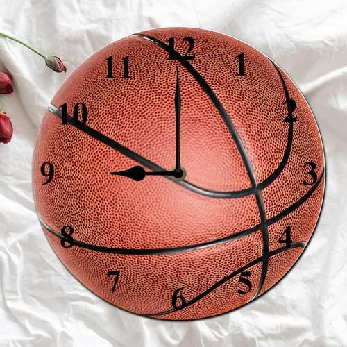 Silent No Tick Sports Theme Wall Clock Wooden Round Basketball Pattern Wall Clock Battery Powered Suitable for Home Decoration Boys Room Living Room School Birthday Gift 10inch