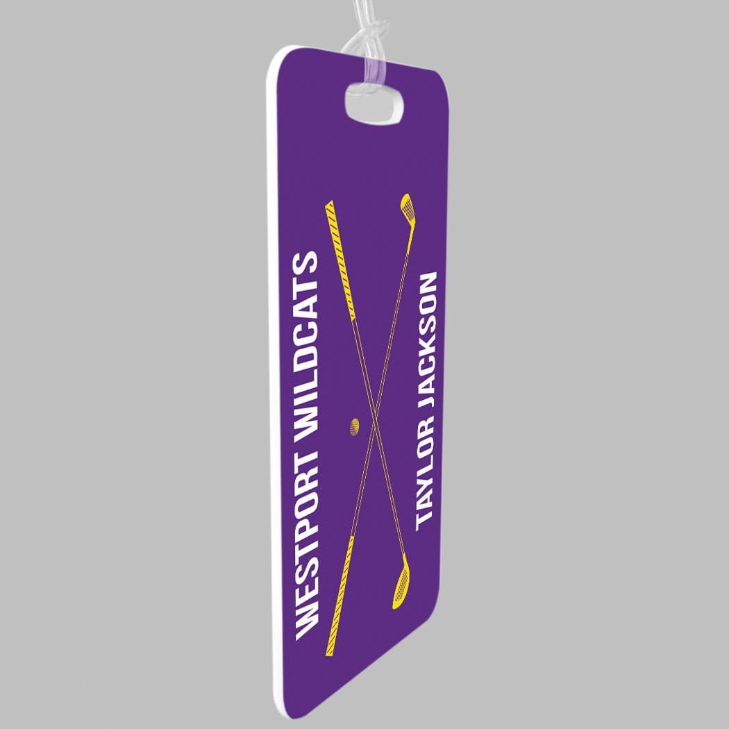 ChalkTalkSPORTS Golf Luggage & Bag Tag | Personalized Crossed Golf Clubs | Standard Lines on Back | Small | Purple/Yellow