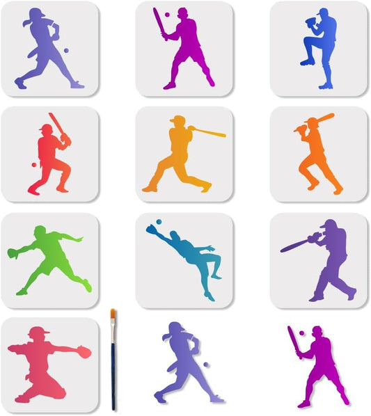 MAYJOYDIY 10 Pcs Baseball Stencil Reusable Ball Sports Stencils for Painting 5.9x5.9 Inches Player Action Drawing Templates with Paint Brush for Shirt Wood Wall Cards Home Gift Decoration