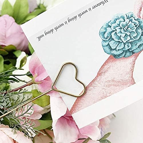 H&W 12''L Golden Heart Loop Round Shape Card Holders 40PCS Floral Picks Clips for Wedding & Flower Arrangements, DIY Craft Wire Clip Table Card Holders Note Photo Picture Memo Holder Cake Topper