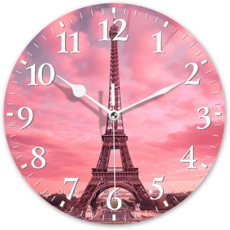 Paris Wall Clock Non-Ticking Silent Clocks Battery Operated Analog Decor Clock for Home-Eiffel Tower with Pink Sky and Pink Clouds(10inch)