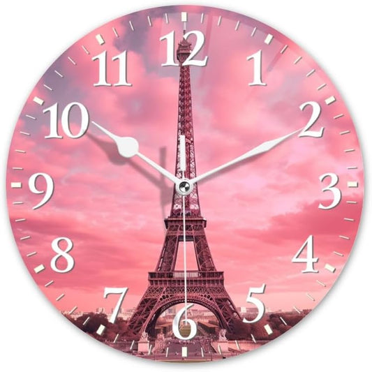 Paris Wall Clock Non-Ticking Silent Clocks Battery Operated Analog Decor Clock for Home-Eiffel Tower with Pink Sky and Pink Clouds(10inch)