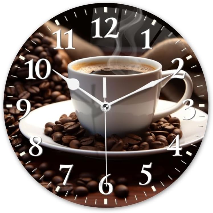 Coffee Wall Clock Non-Ticking Silent Clocks Battery Operated Analog Decor Clock for Home-Cup of Steaming Coffee Surrounded by Scattered Coffee Beans(16inch)