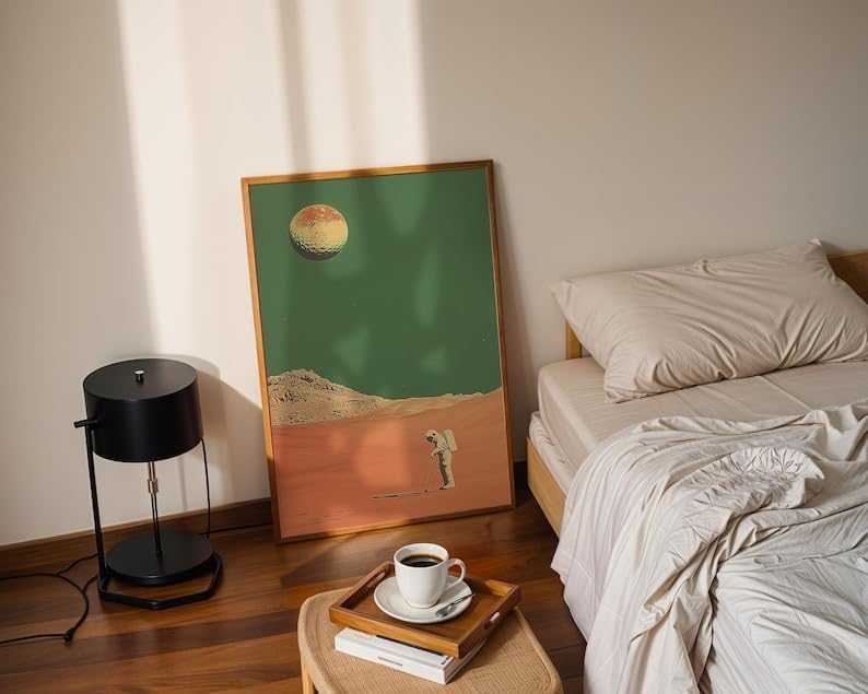 Retro Space Golf Wall Art, Vintage Mars Landscape Sports Print for Bar, Office or Game Room Decor, Astronaut Golfer Poster with Tee Time Theme (Unframed) (11x14)