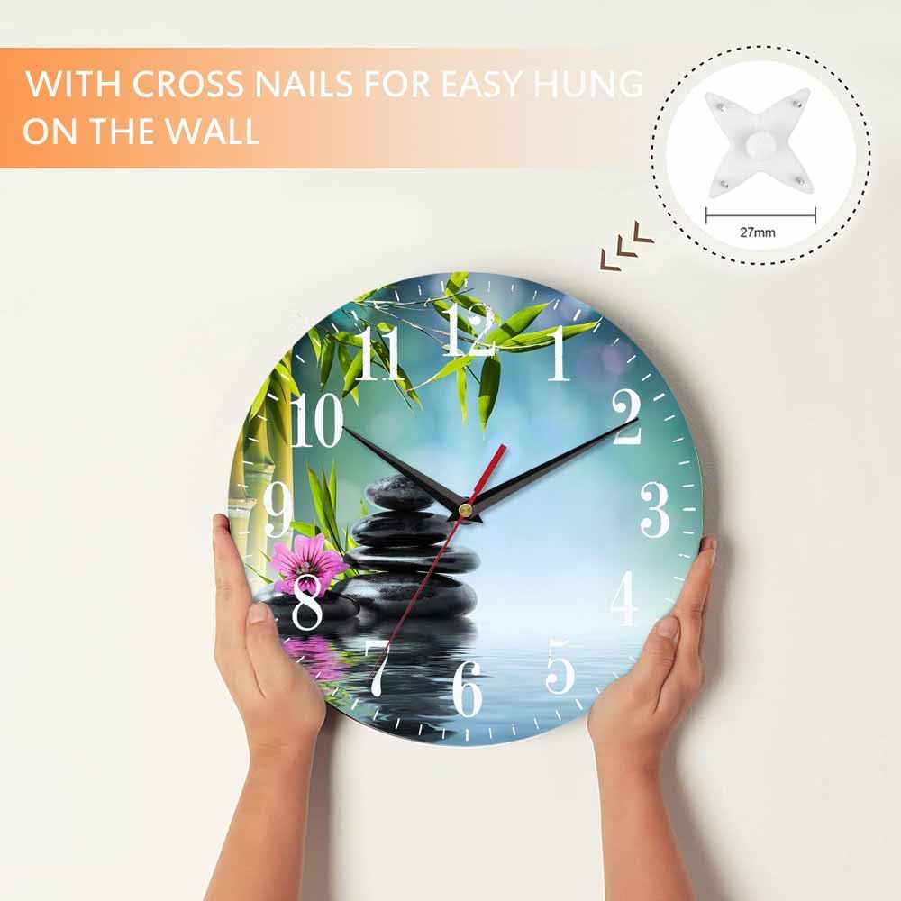 Mxocom Meditation Wall Clock Tower Black Stone and Hibiscus with Bamboo on Water Relax 10 Inch Silent Non Ticking Battery Operated Clock Vintage Round Clock for Living Room Bedroom Bathroom Decor