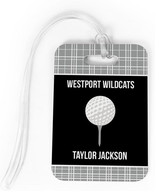ChalkTalkSPORTS Golf Luggage & Bag Tag | Personalized Team with Golf Ball | Standard Lines on Back | Medium | Gray/Black