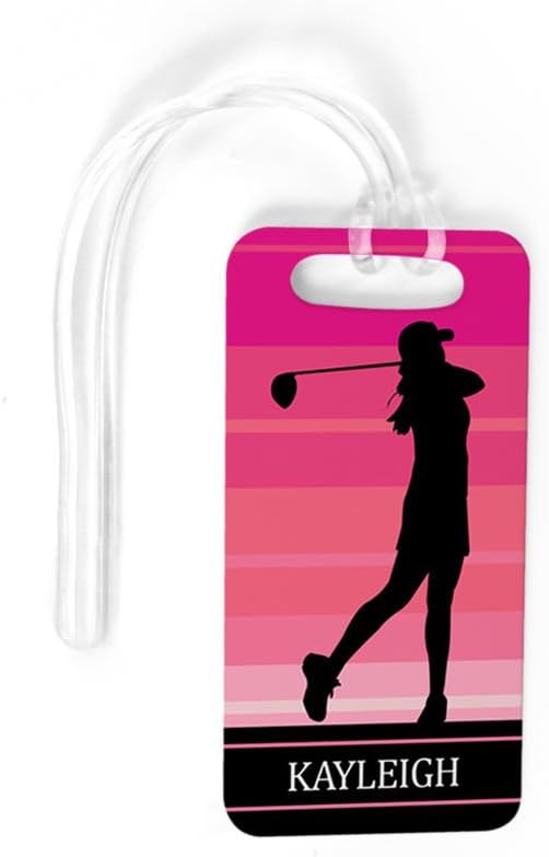 ChalkTalkSPORTS Golf Luggage & Bag Tag | Personalized Female Golfer | Standard Lines on Back | Small | Pink