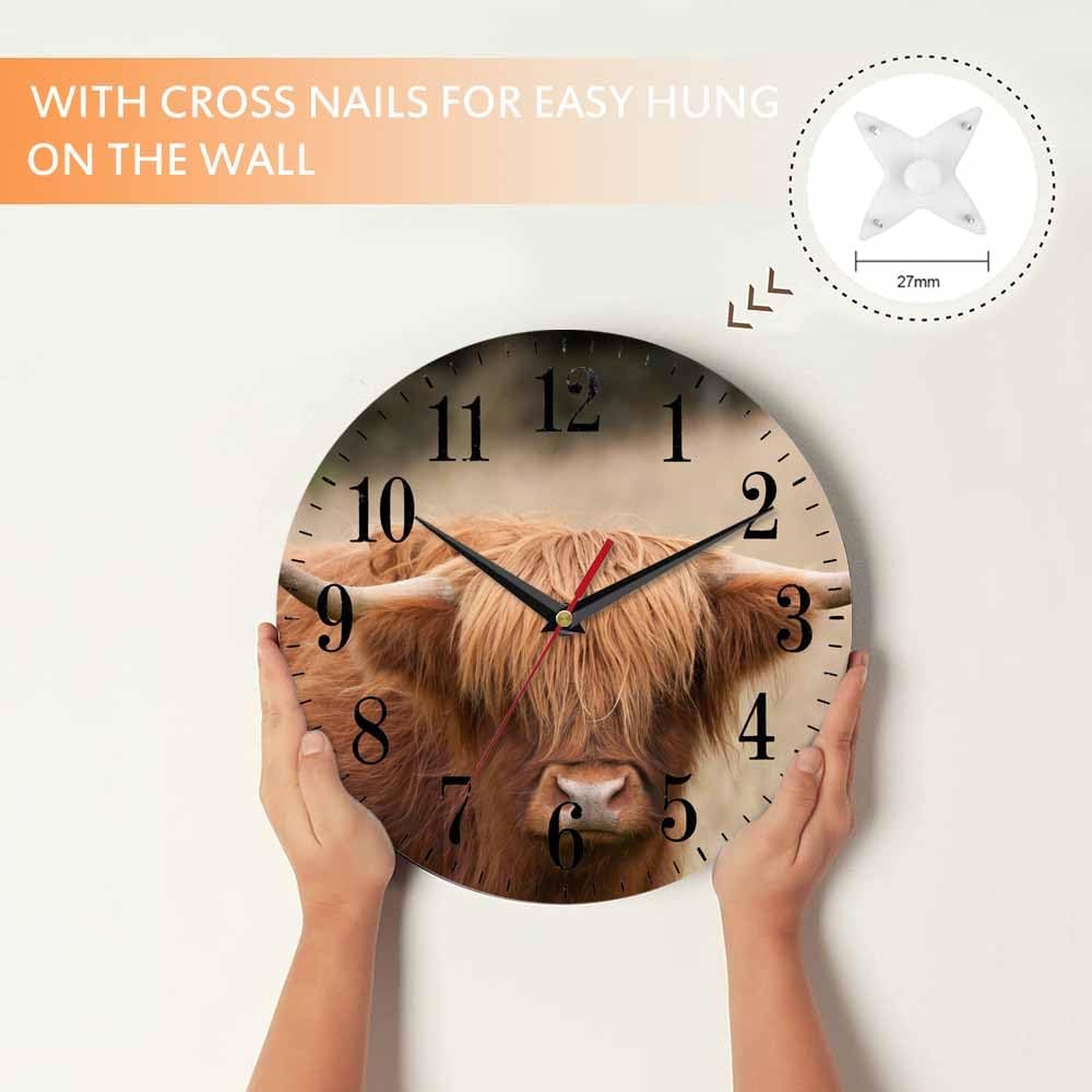 Mxocom Cow Wall Clock Brown Highland Cattle Cow Animal Farming Countryside 10 Inch Silent Non Ticking Battery Operated Clock Vintage Round Clock for Living Room Bedroom Bathroom Office Decor