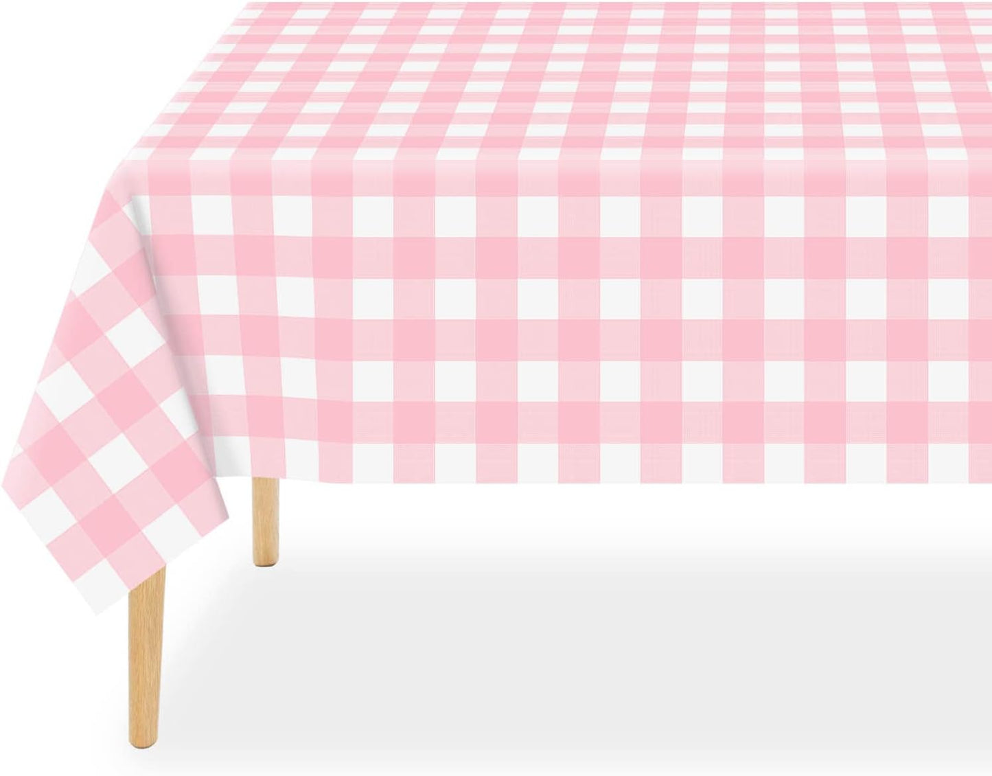 QIKSION Pink Gingham Tablecloth Disposable 6 Pack, 54 x 108 Inch Pink and White Checkered Table Cloth for Rectangle Tables, Plastic Table Cover