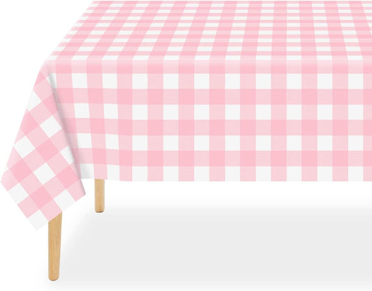 QIKSION Pink Gingham Tablecloth Disposable 6 Pack, 54 x 108 Inch Pink and White Checkered Table Cloth for Rectangle Tables, Plastic Table Cover