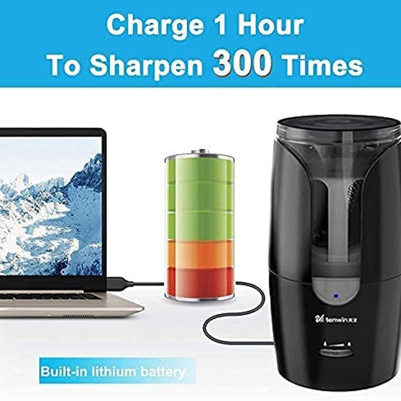 Chargeable Electric Pencil Sharpener, Heavy Duty Adjustable Art Sharpeners, Powered Auto-Stop Pencil Sharpener for Teacher Use, School, Home, Classroom Product Supplies 8028 (Black with Replace Blade)