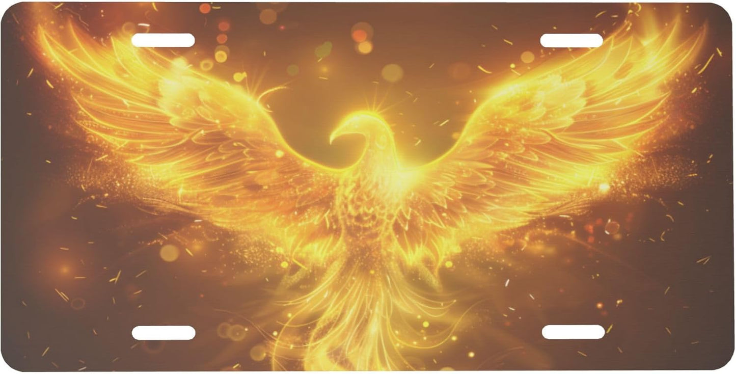 Golden Animal Bird Phoenix Front License Plate for Car Designs Stainless License Plate Cover Holder for Men Women Metal Aluminum Decorative Accessory Vanity Tag Standard 6 X 12 Inch (4 Holes)