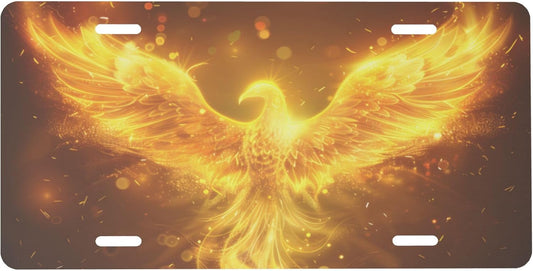 Golden Animal Bird Phoenix Front License Plate for Car Designs Stainless License Plate Cover Holder for Men Women Metal Aluminum Decorative Accessory Vanity Tag Standard 6 X 12 Inch (4 Holes)