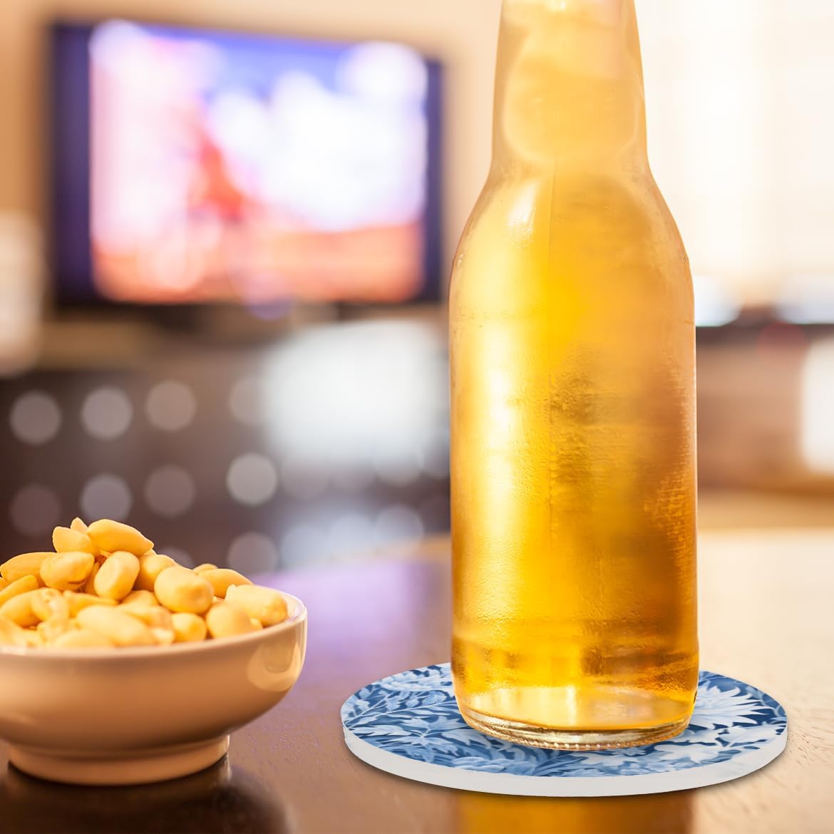 Ceramic Coasters for Drinks with Cork Back, Cyan White Floral 4 Inch Absorbent Coaster Set 2 Pack, Quick Dry Non-Slip Coaster Mats for Home, Office, Bar