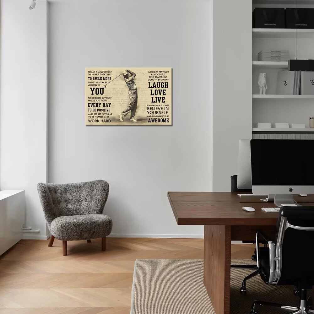 Vintage Golf Poster Inspirational Quotes Wall Decor Today is a Good Day Motivational Pictures Canvas Print Golf Artwork Painting for Boys Room Home Decorations Framed Ready to Hang (28 x 44 inch)