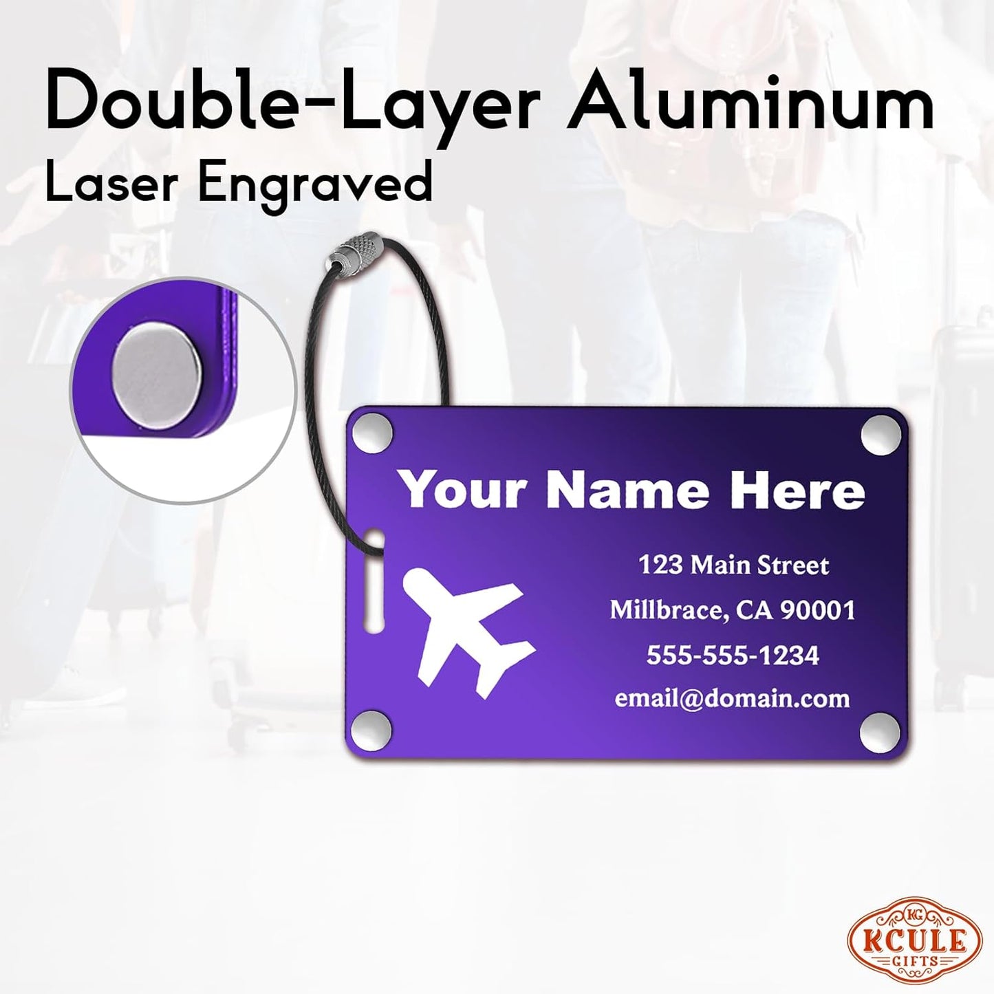 Personalized Luggage Tags: Custom Metal Luggage Tags for Suitcases, Backpacks and Bags with Your Personalized Text (Purple)