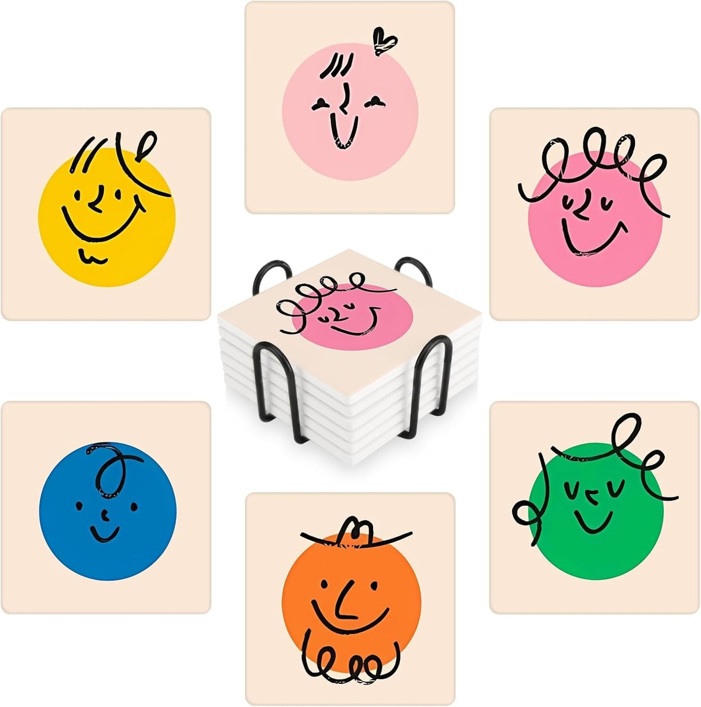 MAYCARI Cartoon Colorful Face Coasters Set of 6 Cork Backed Cute Coasters with Metal Holder Original Ceramic Surface Drink Cup Mats for Tabletop Protection Modern Desk Decoration Birthday Gifts