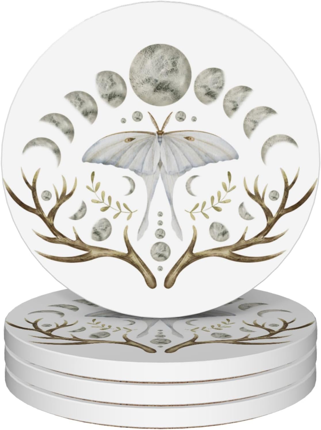 Drinks Coasters Set of 4, Luna Moth Round 4" Cup Coasters, Absorbent Ceramic Stone Coasters with Cork Base, Cute Coasters for Table Home Décor, Ideal Gifts for Women Men