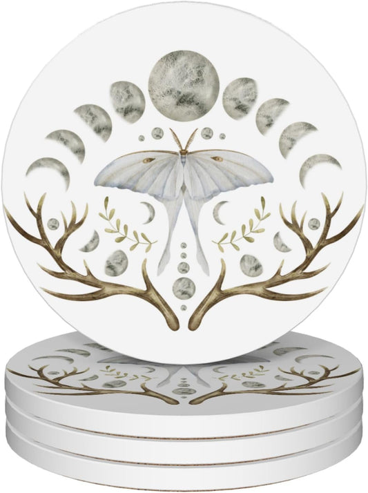 Drinks Coasters Set of 4, Luna Moth Round 4" Cup Coasters, Absorbent Ceramic Stone Coasters with Cork Base, Cute Coasters for Table Home Décor, Ideal Gifts for Women Men