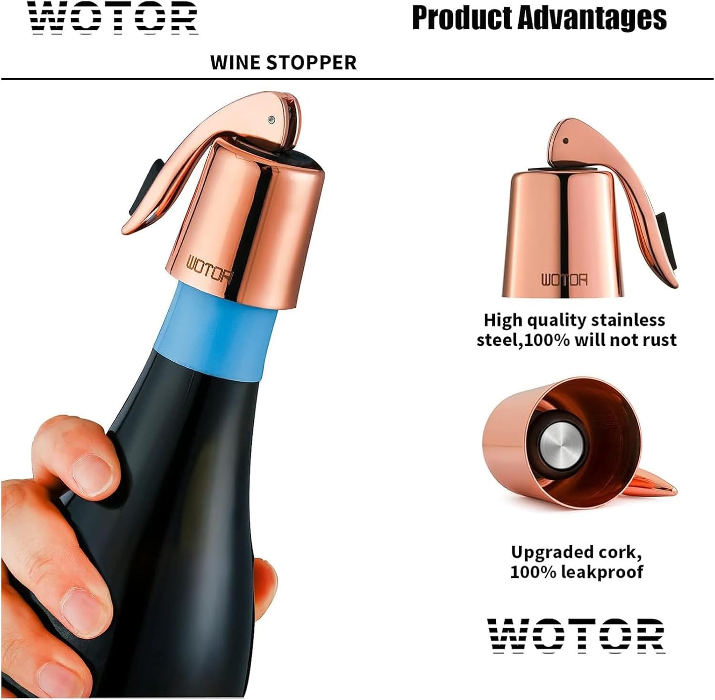 WOTOR Stainless Steel Wine Bottle Stoppers with Silicone - Reusable Wine Saver and Decorative Bottle Sealer, Leakproof, Keep Fresh, Rosegold, 2 Pack