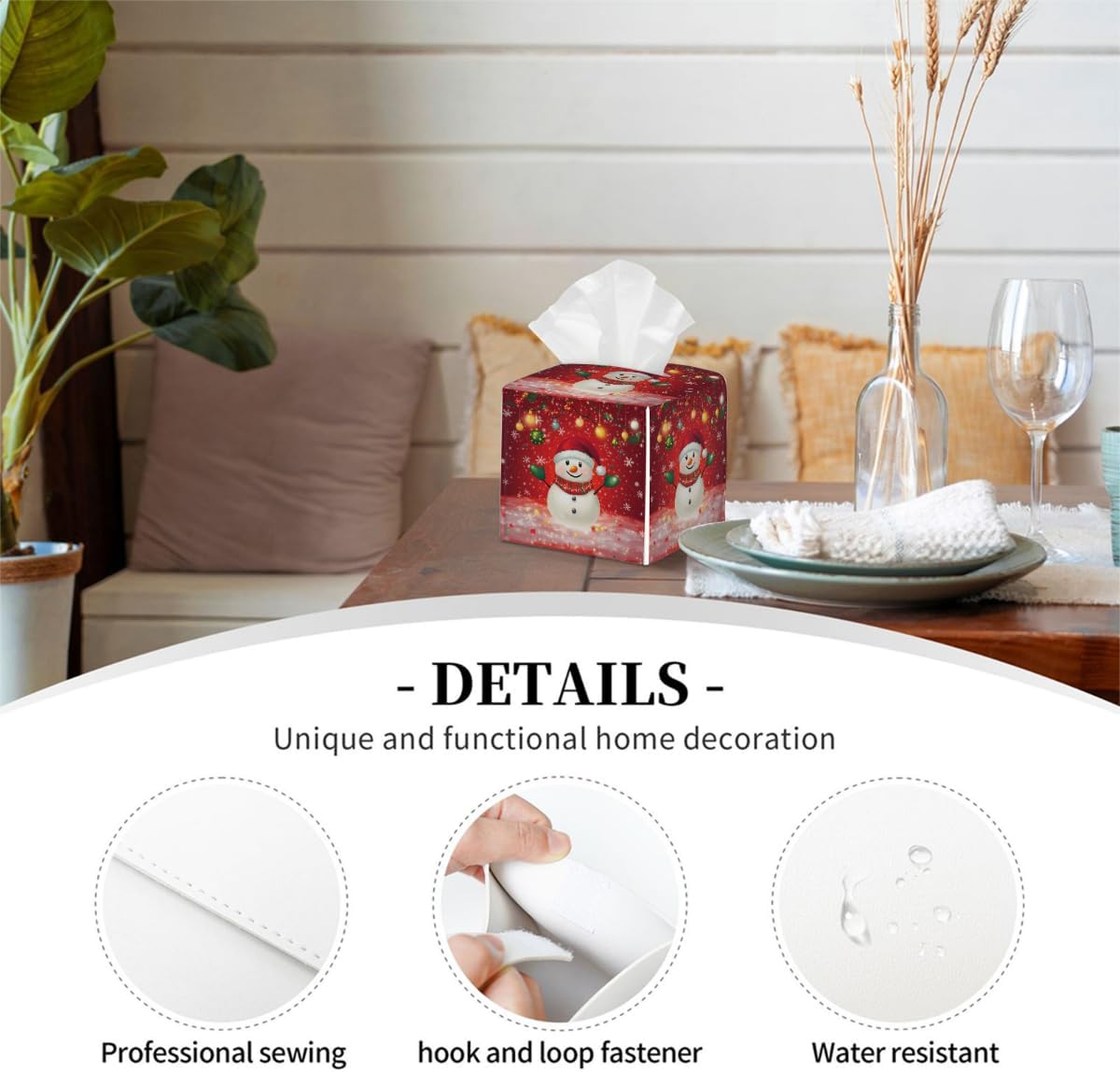 Cute Snowman Christmas Tissue Box Cover Square, PU Leather Facial Tissue Cube Box Holder, Xmas Modern Tissue Case Dispenser for Bedroom Tabletop Vanity Countertop