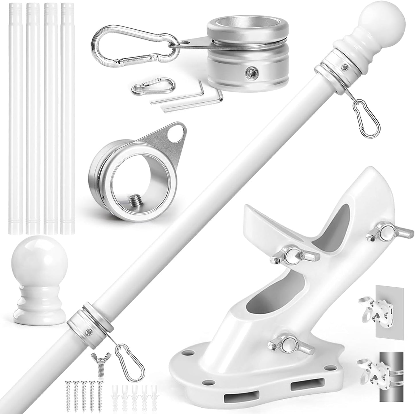 Anovo Flag Pole Kit- Stainless Steel 5 FT Flag Poles with1 Inch Metal 360° Rotating Flag Pole Rings Clip, Two-Position Flag Pole Holder Brackets Mounting for Outside House Outdoor Porch(5 FT - White)
