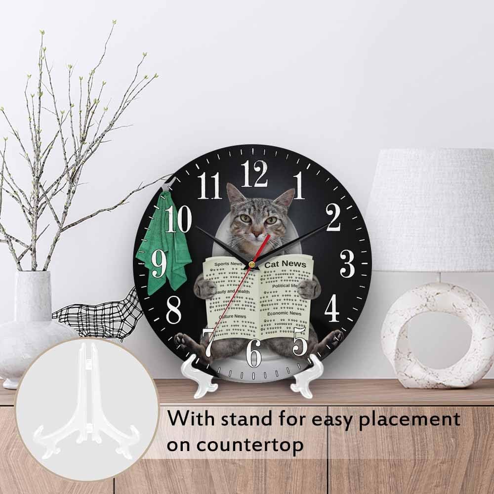 Mxocom Funny Cat Wall Clock Gray Cat Reading Newspaper Bathroom White Toilet Bowl 10 Inch Silent Non Ticking Battery Operated Clock Vintage Round Clock for Living Room Bedroom Bathroom Office Decor