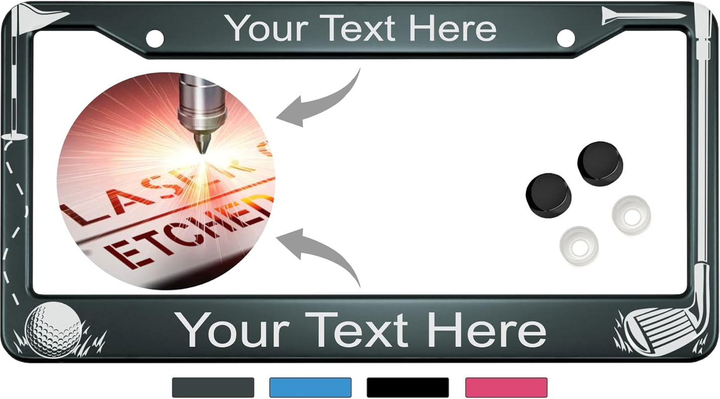 Golf Club and Ball Design with Your Custom Text | Laser Etched Anodized Aluminum Standard Size - CAR/Automobile License Plate Frame & Free caps - Gray (Qty: 1 Frame)