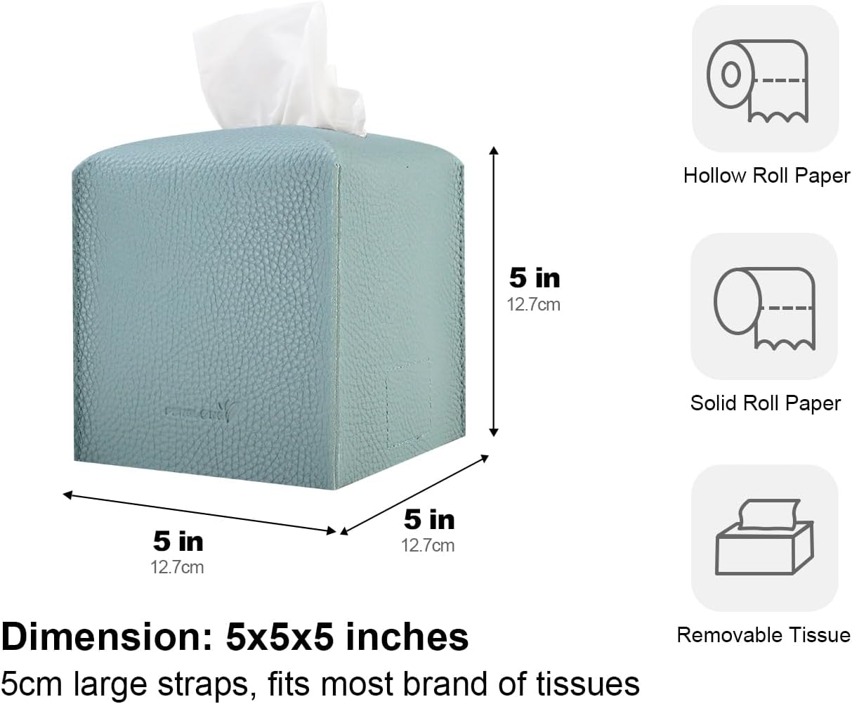 Tissue Box Cover 5X5X5'' PU Leather Tissue Holder Square Tissue Cube Box Organizer for Bathroom Vanity Countertop, Car, Night Stands, Office, Home, Kitchen (1Pack, Light Blue)