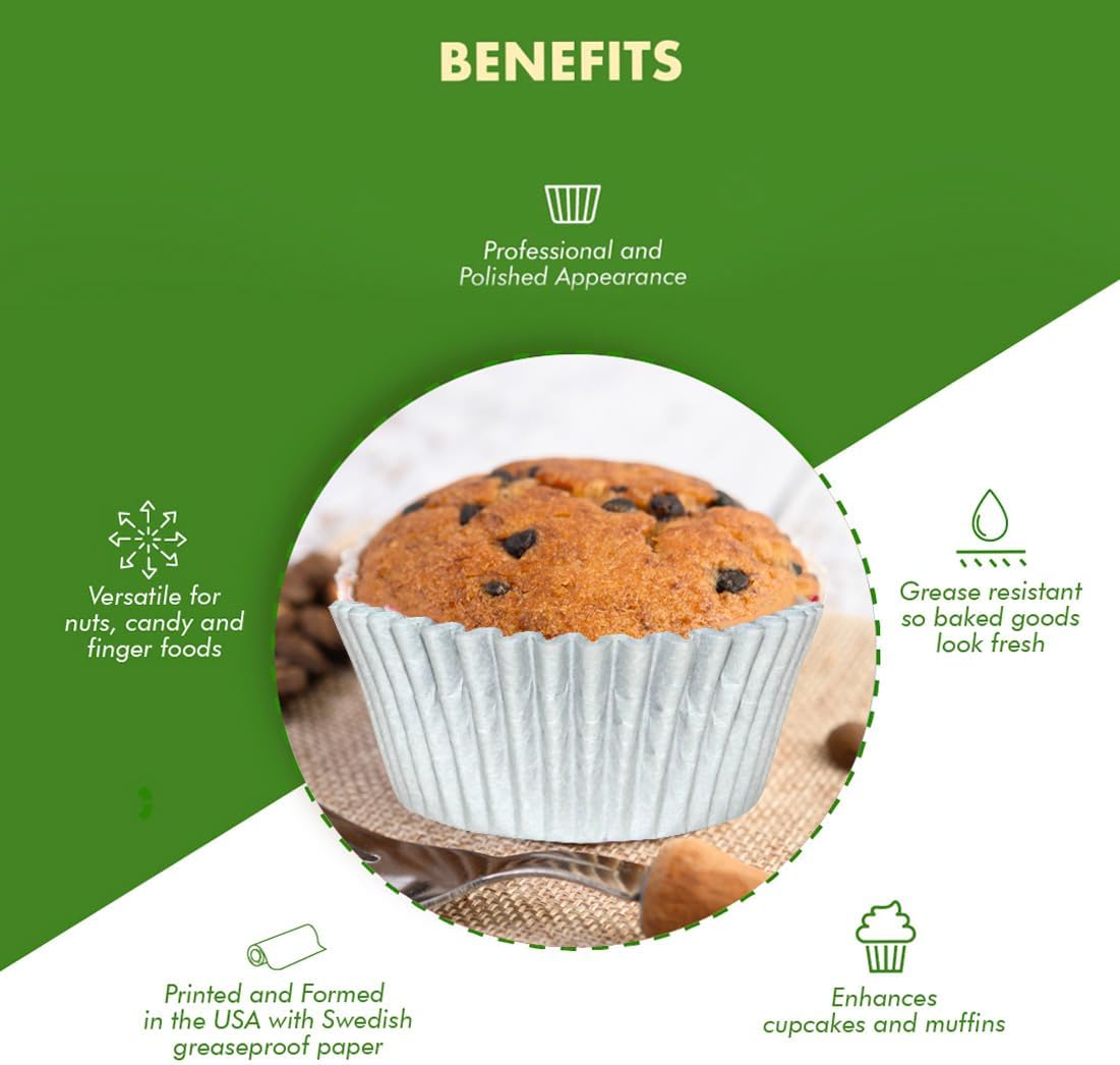 Regency Wraps Greaseproof Professional Grade Baking Cups, Pack of 40, Standard Liners, Silver Matte, for Cupcakes, Muffins, Candy, Non Stick