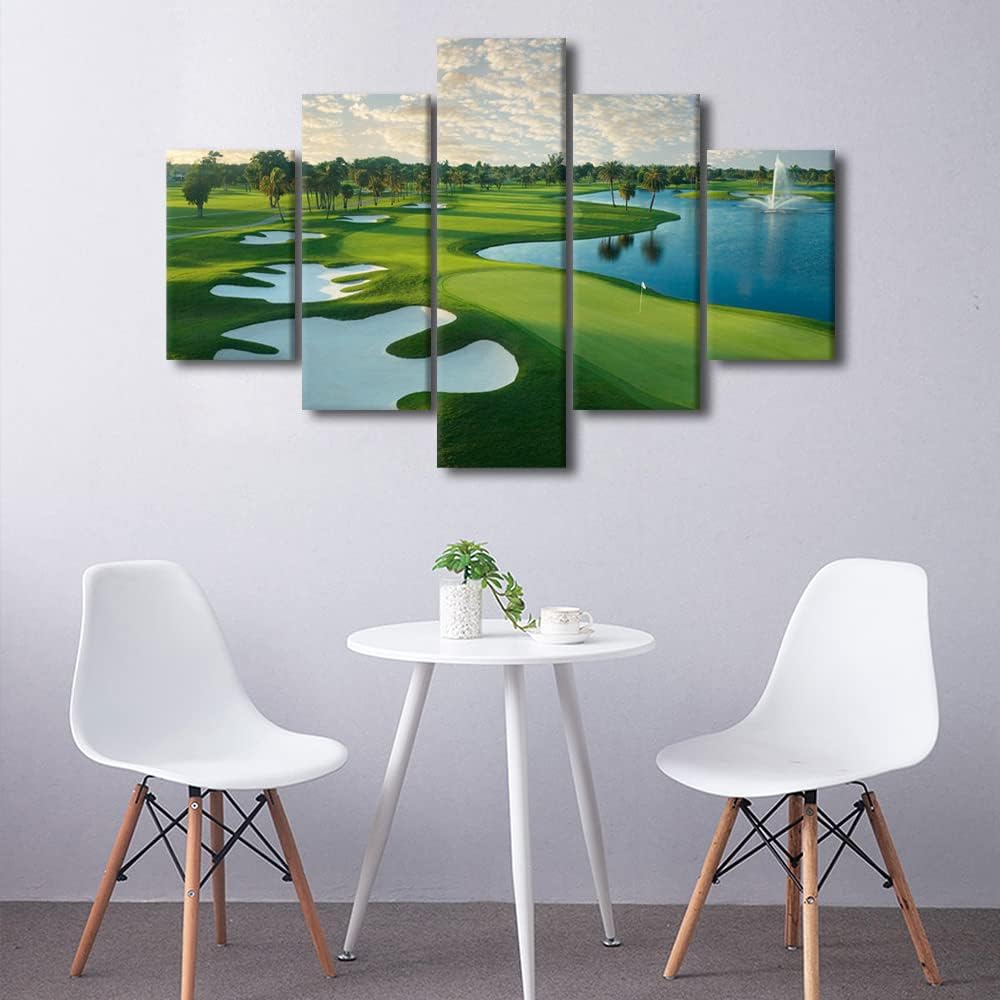 Pictures Wall Decor Golf Course Artwork Blue Lake and Green Grass Paintings for Living Room Giclee Multi Panel Prints Wall Art on Canvas House Decorations Framed Stretched Ready to Hang - 60"W x 40"H