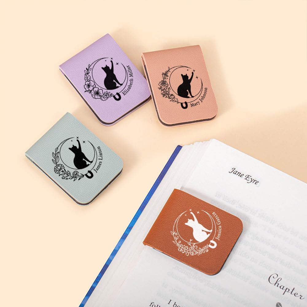 CALLIE Personalized Magnetic Bookmark Clip – Custom Name Reading Gifts for Book Lovers, Birthday Teacher's Day Christmas for Bookworm Gifts (Cat Moon Birth Flower)