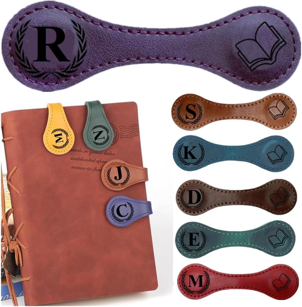 Personlized Magnetic Leather Bookmarks with Initials, Customized Book Marks Clip 26 Letters Bookmark for Reading Women, Men, Kids,Cute Book Markers Meaningful Gift for Book Lovers (Purple, R)