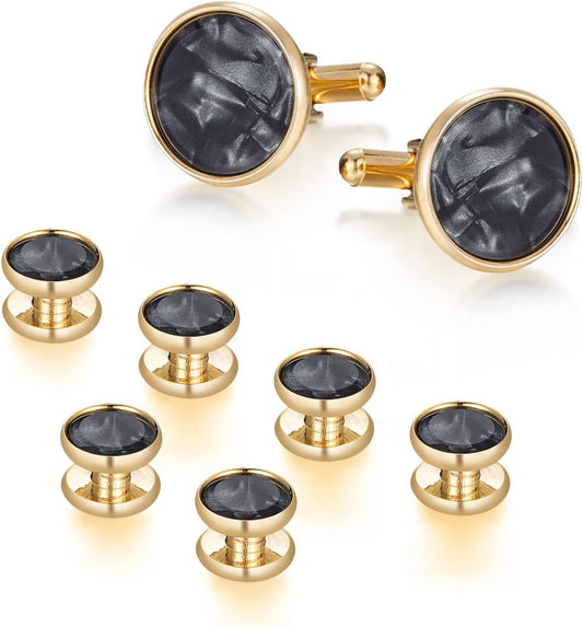 wynameleri Mens Classic Shirts Cufflink Studs, Mother-of-Pearl Tuxedo Shirt Button and Cuff Links Set, Formal Business Wedding Jewelry