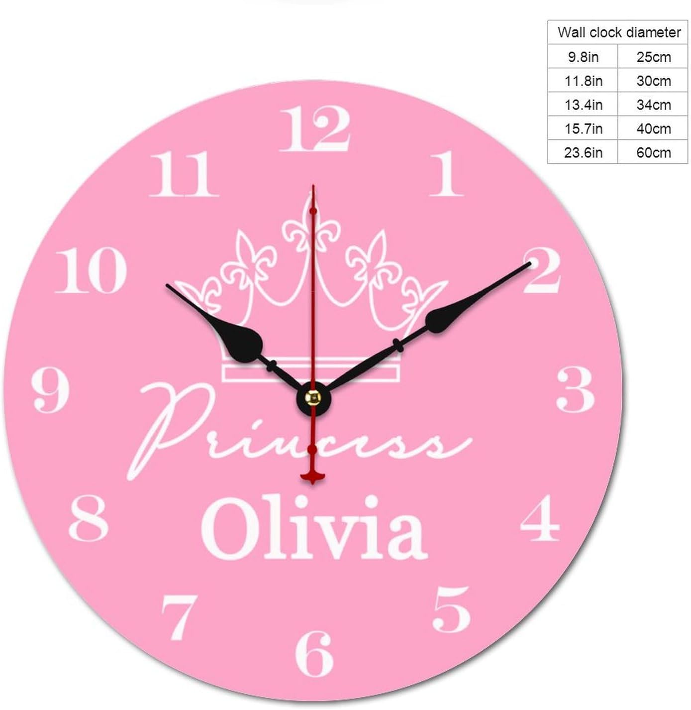 12 inch Pink Crown Personalized Girls Name Wall Clocks Battery Operated for Kids Bedrooms Nursery School Playroom Decor,Custom Kids Name Wall Clock,Girls Room Decor Wood Round Clock Silent
