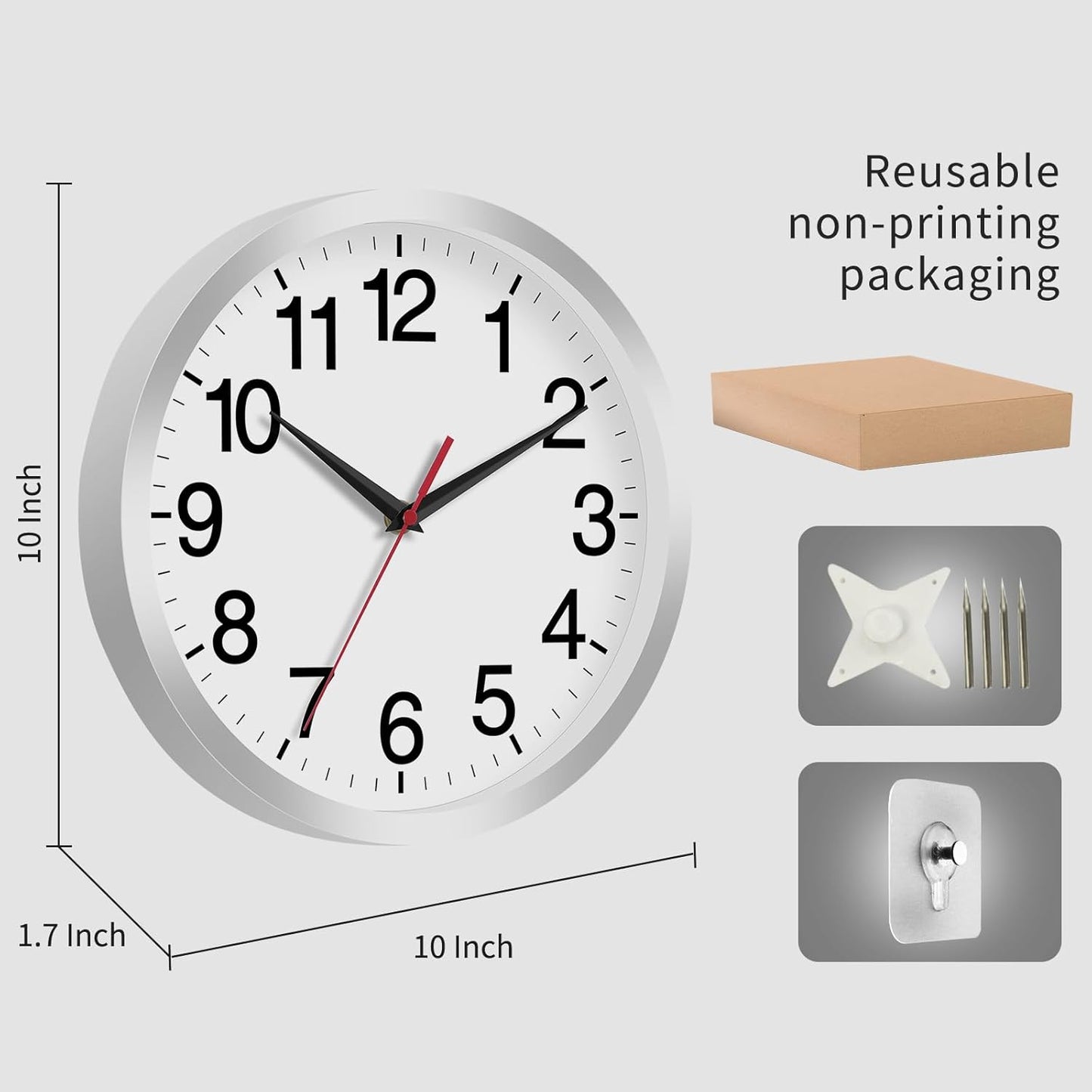Wall Clock Modern 10 Inch Battery Operated Silent Non Ticking Analog Clock Decorative for Bedroom Kitchen Bathroom Office Home Living Room (Silver)