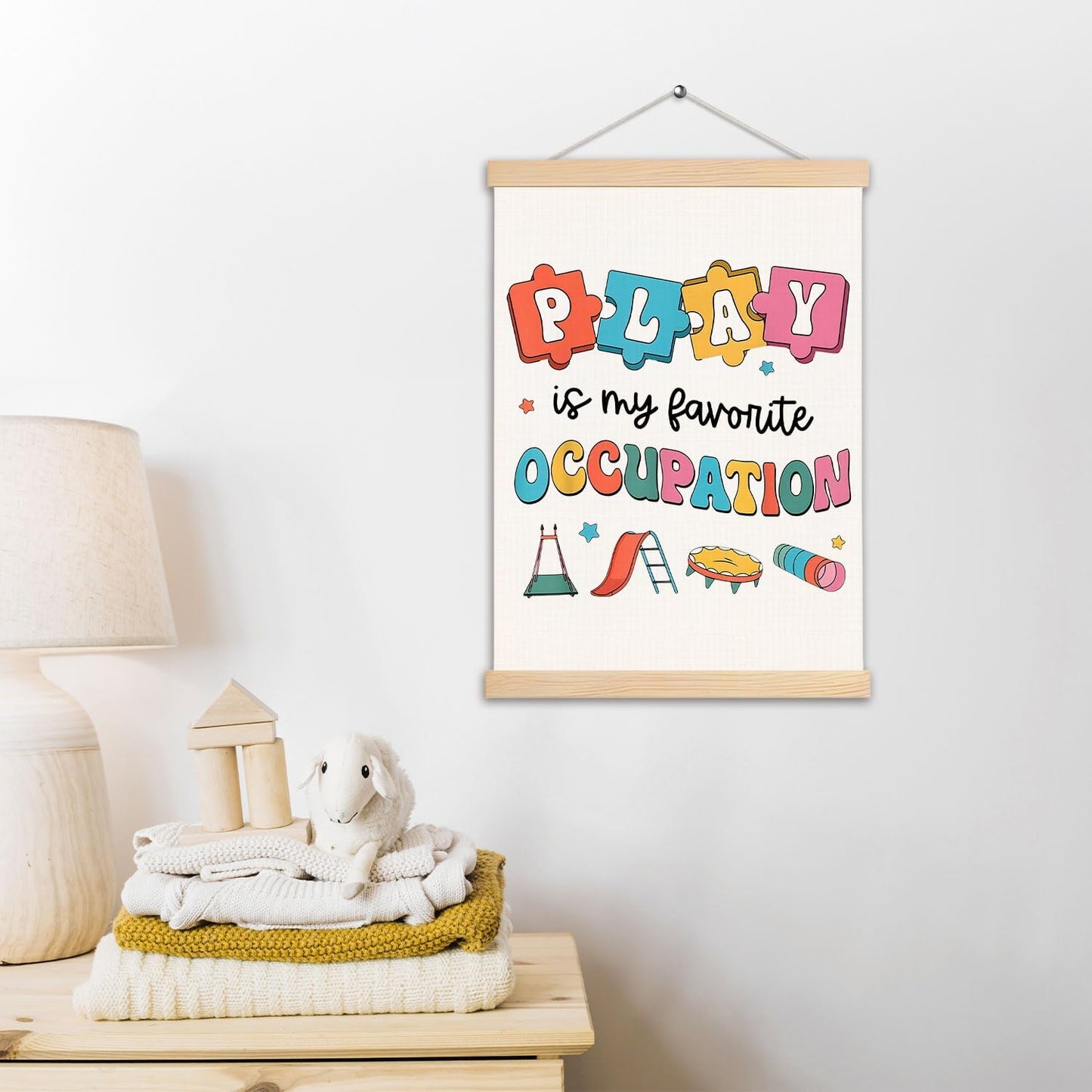 Occupational Therapy Posters, Play is My Favorite Occupation Wall Art With Wooden Poster Hanger, Occupational Therapy OTA Decor for Classroom Playroom Nursery School, 12.5x17 Inch